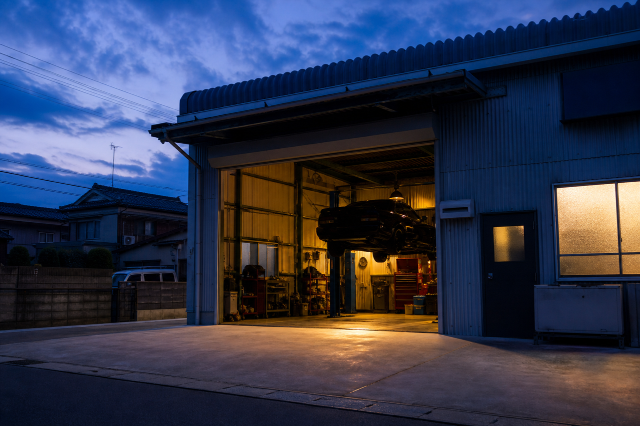 夕暮れの整備工場